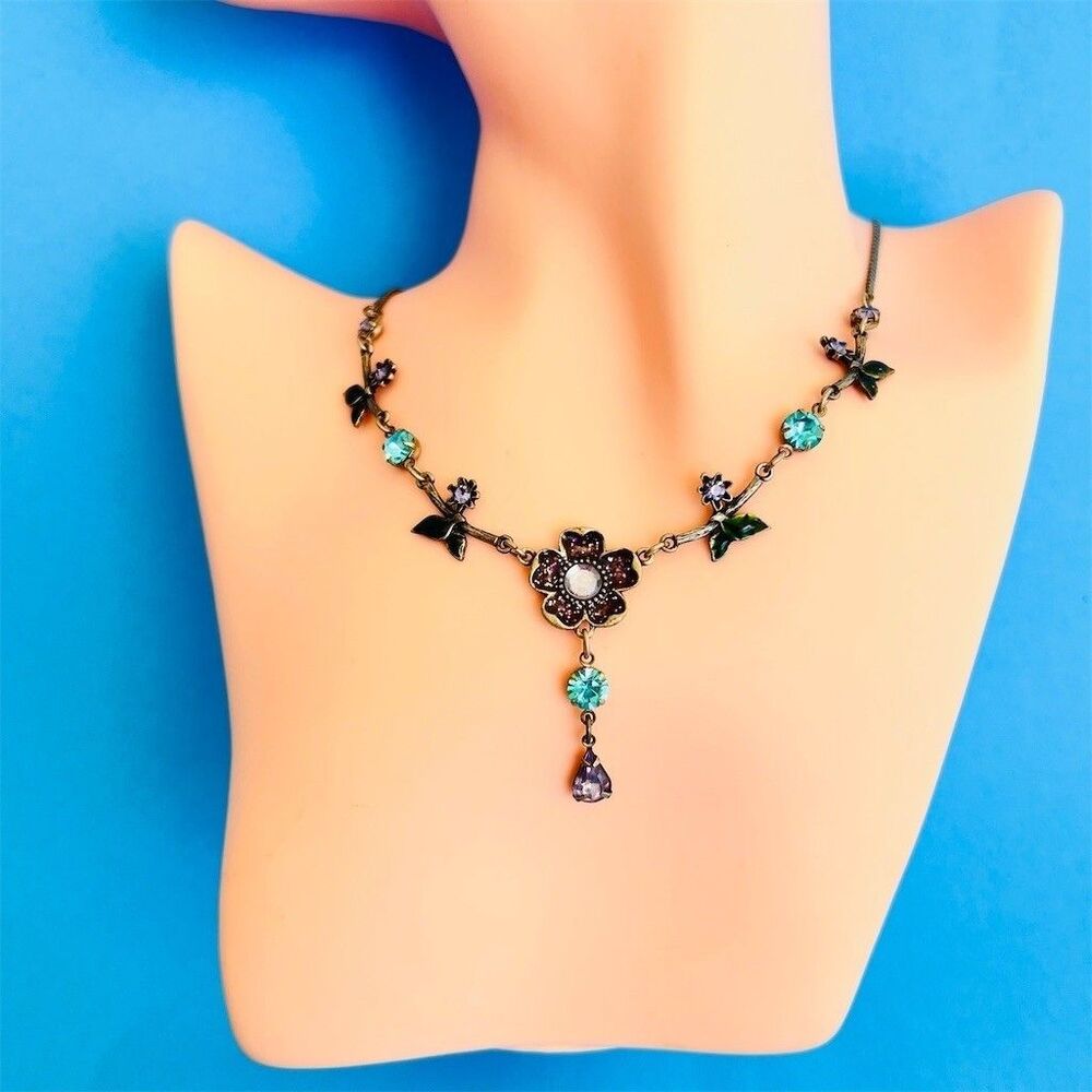 AVON NR Floral Y-Drop Necklace Multicolor Enamel Leaves Aqua Crystal Drop